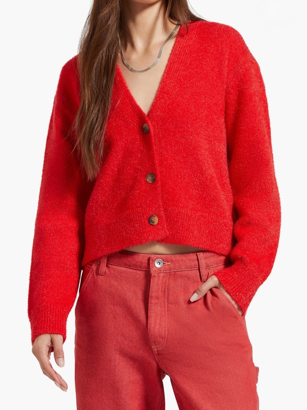 Brixton Fuzzy Red V-Neck Button Cardigan Sweater (XS/Like New)